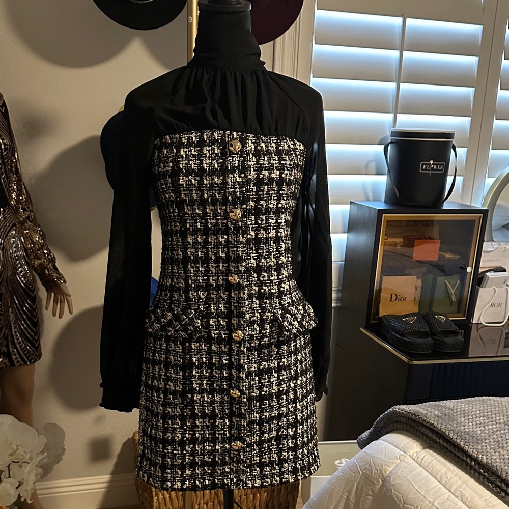 Chic Black and White Tweed Mini Dress